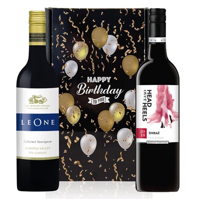Leone Cab Sauv & Head Over Heels Shiraz Red Wine Duo Happy Birthday Wine Duo Gift Box